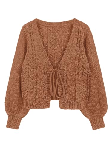 Image of ZAFUL Women's Tie Front Crop Cardigan Sweater V-Neck Lantern Sleeve Open Front Loose Casual Knitwear