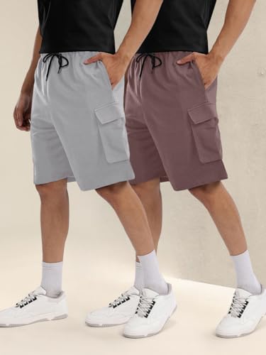 Image of Pinkmint Cargo Shorts for Men Pack of 2 Cotton Lycra Training Gym Shorts for Men Casual Workout Lightweight Summer Shorts with Dual Side Pockets Half Pant for Running, Gym, Walking, Travel