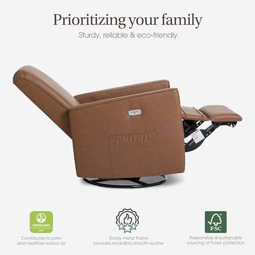 Image of Evolur Harlow Upholstered Power Glider Recliner with USB Charging - Rocking & 275 Swivel with Smooth Glide - Greenguard Gold & FSC Certified - Modern Nursery and Living Room Chair in Cognac