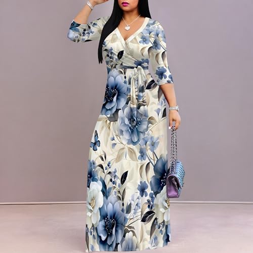 Image of Women Plus Size Long Sleeve V Neck Maxi Dress with Belt | Soft fabric relaxed fit three quarter sleeve v neck with pockets for party and daily wear