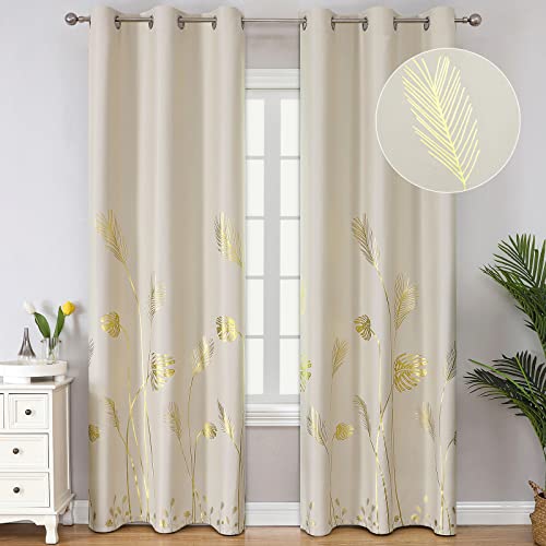 Estelar Textiler Blackout Curtains with Gold Palm Tree Wheat Pattern Thermal Insulated Elegant Natural Leaf Curtains Room Darkening Drapes for Living Room, 38Wx96L, Cream Beige, 2 Panels