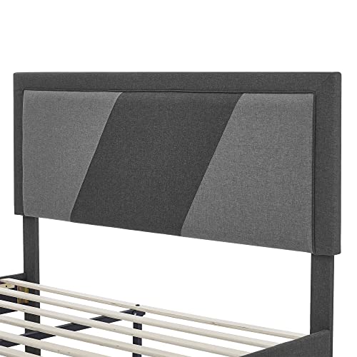 Bikahom Platform Full Bed Frame, Oregon Upholstered With Adjustable Height Headboard, Mattress Foundation, No Box Spring Needed, Strong Wood Slat Support, Easy Assembly Bedroom Furniture, Dark Grey #TOP4