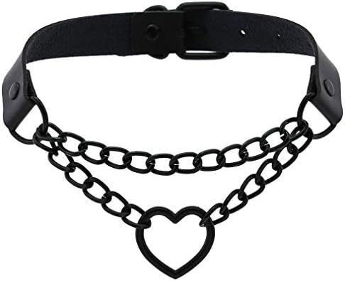 FM FM42 Black PU Simulated Leather Black-tone Gothic Punk Black-tone Heart Ring Cuban Curb Link Chain Adjustable Neckband Collar Choker Necklace