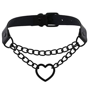 PU Simulated Leather Gothic Punk Black-tone Silver-tone Heart Ring Cuban Curb Link Chain Adjustable Neckband Collar Choker