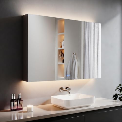 SVNR Spiegelschrank Bad Mit Beleuchtung 100x60x13cm Badschrank Mit 3 Glastüren, Badezimmer Spiegelschrank, Edelstahl, Antibeschlag, Steckdose(Schwarz)