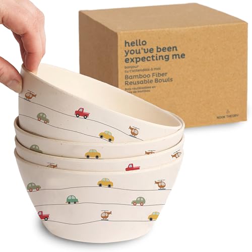 Nook Theory 4 Pack Bamboo Bowls - 22 Oz Reusable Bowl Dishwasher Safe - Not Microwavable Bamboo Dishes (Vroom)