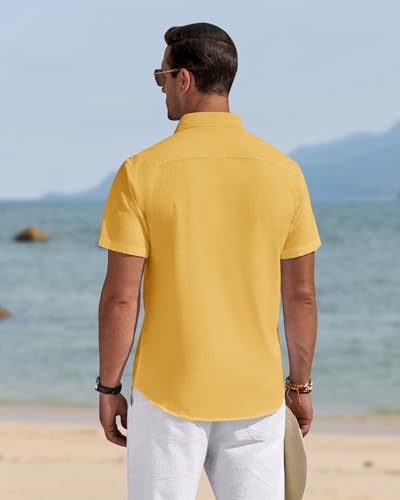 Image of J.VER Mens Linen Shirt Short Sleeve Button Down Casual Summer Shirts | Cotton Linen, Untucked, Big Tall, from Beach Camp Vacation, Cruise Fishing, Work Office, to Wedding Party Family, with Pocket