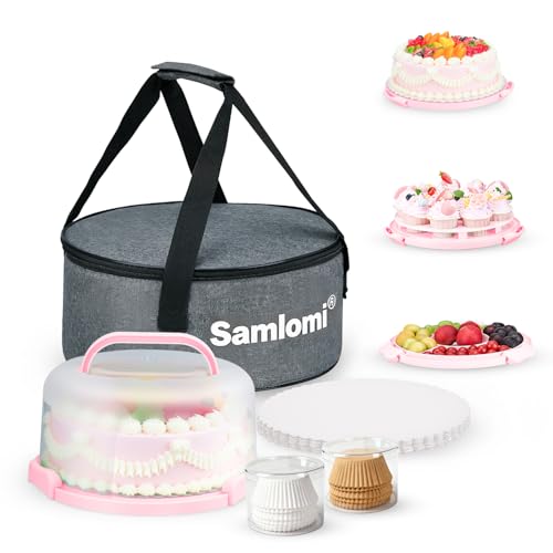Cake Carrier, Cake Stand with Lid, Bpa-Free Cake Holder with Lid for 10 Inch Round Cake Carrier with 10 pcs Round Golden Cake Boards and Portable Insulated Bag & Two Boxes of Cupcake Paper Liners