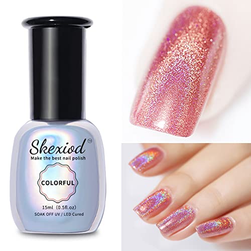 Skexiod Holo Gel Polish, 15Ml Pink Holographic Gel Nail Polish Chrome Glitter Soak Off Uv Lamp Curing Needs Nail Art Manicure Salon Diy At Home #TOP5