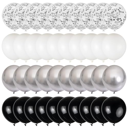 Image of 100pcs Black and Silver Balloons, 12inch Black White Silver Confetti Ballons for Birthday, Baby Shower, Graduation, Anniversary Party Decorations
