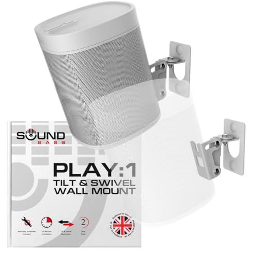 Sound Bass Play 1 Wall Mount, White, Pair, Compatible with Sonos Play:1 Only, Twin Pack, Adjustable Swivel & Tilt Mechanism, 2 Mounting Brackets Includes All Fixings