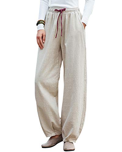 Aeneontrue Women's Wide Leg Pants Casual Cotton Linen Tapered Trousers with Elastic Waist (B-Beige, Medium)