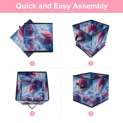 Grand bac de rangement cube pliable rose montgolfière avec poignées