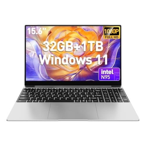 2025 Latest 15.6''Laptop Windows 11, 32GB RAM 1TB SSD, Core 12th Gen N95 Processor(Max 3.4GHz), 8000mAh Battery, FHD IPS Display & Backlit Keyboard, Fingerprint, 5G Wi-Fi, BT5.2, HDMI, USB3.0