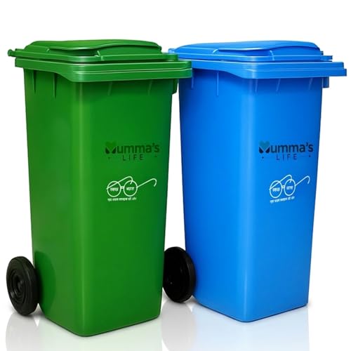 Image of Mumma's LIFE 120L Dustbin for Home | Plastic Manual-Lift Wheel Garbage Bin | Heavy Duty HDPE Waste Bin with Lid & Wheels | Green & Blue | Pack of 2