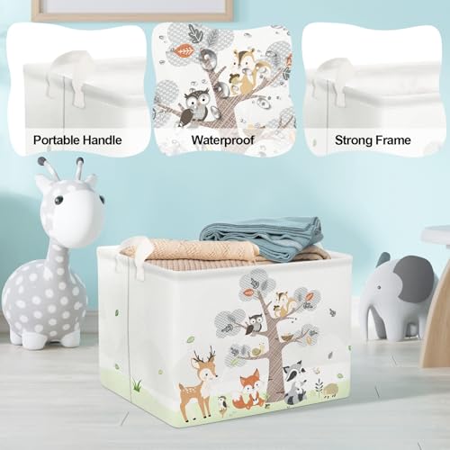 Image of Clastyle 36L Large Woodland Animal Tree House Baby Basket Rectangle Deer Fox Squirrel Shelf Basket with Handle Collapsible Book Toy Clothes Towel Nursery Storage Basket | Waterproof Large Dirty Clothes Book Gift Toy Organizer Bin, Nursery Playroom Bedroom Bathroom Shelf, Deer Fox Squirrel