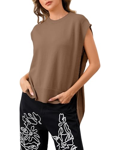 MISSACTIVER Women Oversized Round Neck Sleeveless Sweater Vest Knit High Low Hem Side Tie Solid Color Pullover Tank Tops