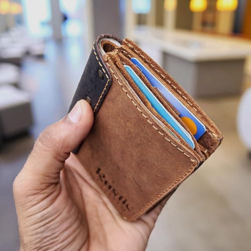 Image of Full Grain Leather Wallet for Men - Slim Card & Cash Holder with Easy Card Pull Strap, ID Window, Minimalist Brown Bifold