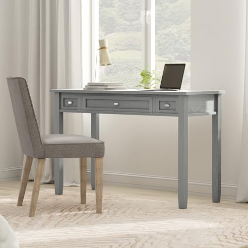 Image of SIMPLIHOME Warm Shaker Desk - 48 Inch Wide Solid Wood Writing Desk in Fog Grey, Transitional Home Office Computer Table for Workspace or Study with Flip-Down Keyboard Tray and 2 Drawers