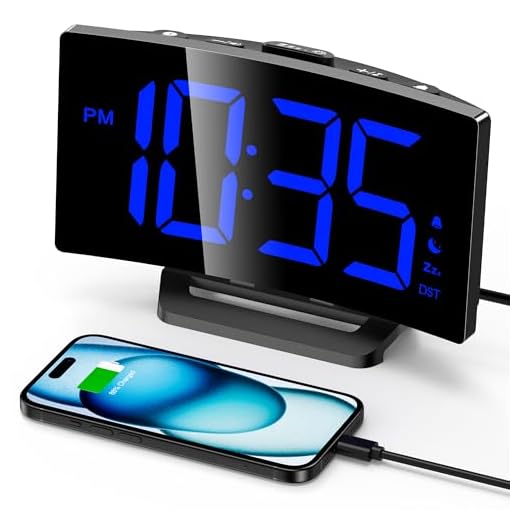 GOLOZA Digital Alarm Clock for Bedrooms, Digital Clock with Modern Curved Design, Conspicuous Blue LED Numbers, 5 Levels Brightness+Off, 2 Volume, 3 Alarm Tones, Snooze, Power-Off Memory, 12/24H