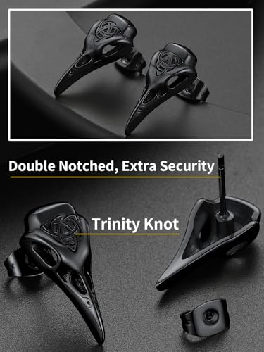 ChainsHouse Viking Earrings for Men, Raven Skull/Celtic Cross Ear Studs, Stainless Steel/Black/Gold Plated Punk Gothic Earrings, Lightweight Hypoallergenic Stud Jewelry with Gift Box4