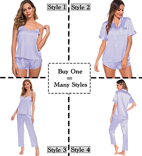 Image of SWOMOG Womens Silk Satin Pajamas Sets 4pcs Sleepwear Sexy Cami Shorts Set and Button Down Short Sleeve Pjs Loungewear Solid Color Lavender Small