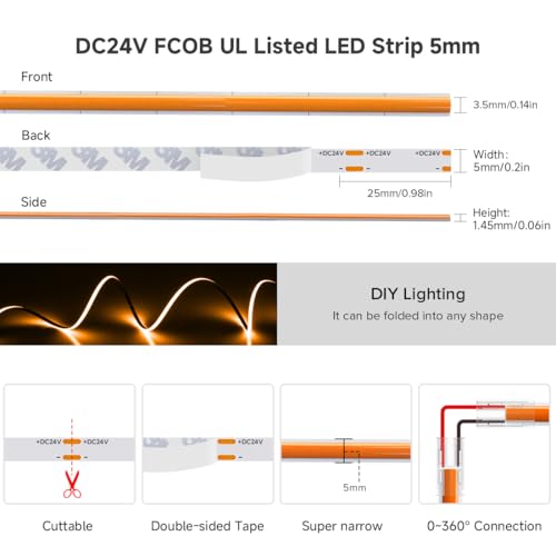 Image of BTF-LIGHTING FCOB COB LED Strip Orange Color 5mm Width UL Listed Super Narrow Flexible Uniform Light DC24V 16.4FT CRI 90+ Dimmable LED Ribbon for Bedroom Home Indoor Decor(No Adapter or Controller)