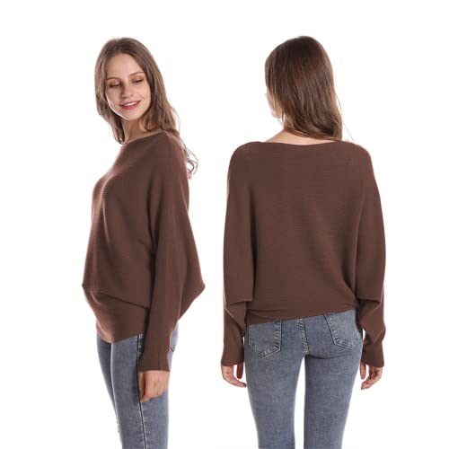 Image of FULIER Women Oversized Boat Neck Batwing Sleeves Dolman Knitted Sweaters Lightweight Pullovers Tops One Size