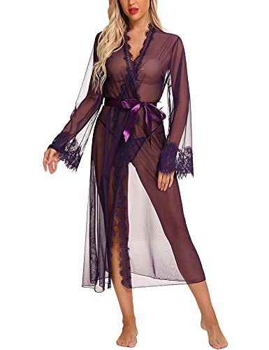 Image of RSLOVE Lingerie for Women Sexy Long Lace Kimono Robe Mesh Chemise Lace Gown Swimsuit Cover Up