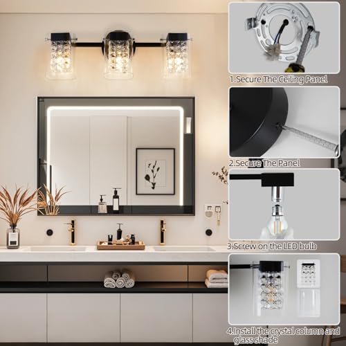 Image of 3 Lights Crystal Bathroom Light Matte Black Wall Light,E12 Bulb excluded | Wall Mount Bathroom Light Fixture Over Mirror Crystal Glass Shade Indoor Vanity Light for Bathroom,Living Room or Bedrooms