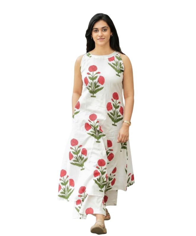 Women's Kurti Plazo Set | Floral Printed Sleeveless Kurta - Set | Cotton Rayon Straight Kurti with Round Neck | Ethnic Kurta Set for Women | Comfortable & Stylish - (Cream)-picture-30