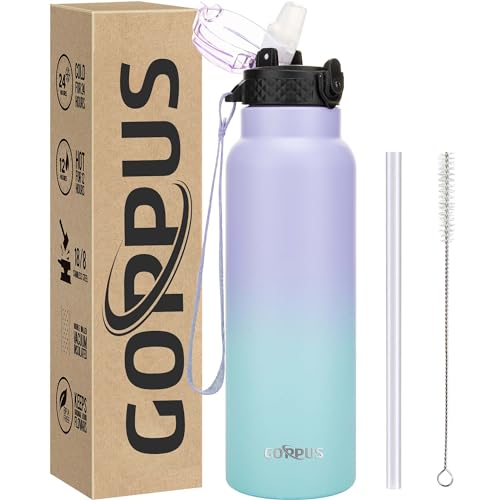 GOPPUS 750ml/26oz Stainless Water Bottle with Straw Double Wall Insulated Bottles with Strap Reusable Vacuum Thermal Flask Leakproof Keep Cold Drinks Bottles with Flip Top Lid for Men Women BPA Free
