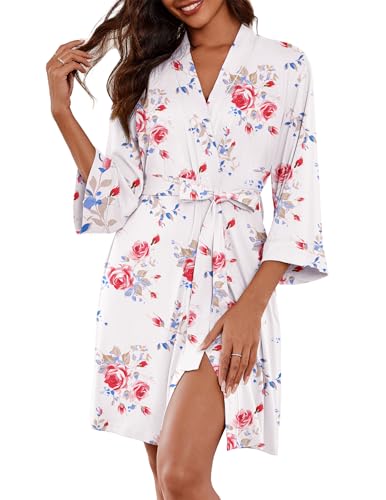 Image of Ekouaer Women Kimono Robes Knee Length Knit Bathrobe Lightweight Soft Sleepwear V-neck Casual Ladies Loungewear