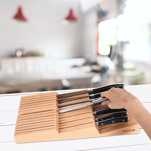 Homeease In-Drawer Knife Block, Beech Wood Cutter Storage Holder Home Kitchen Drawer Knife Organizer Insert 15 Slots #TOP4