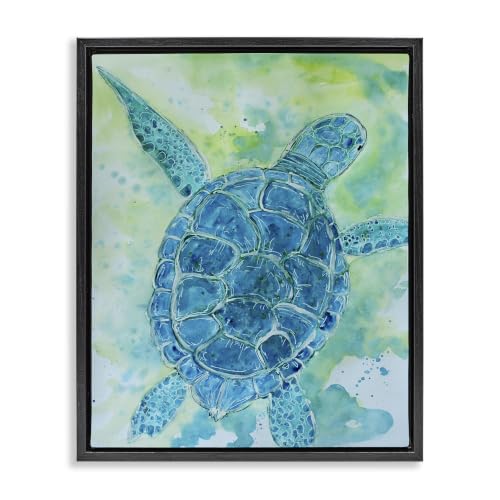 'Blue Sea Turtle Aquatic Bubbles'| Floating Frame Canvas Art