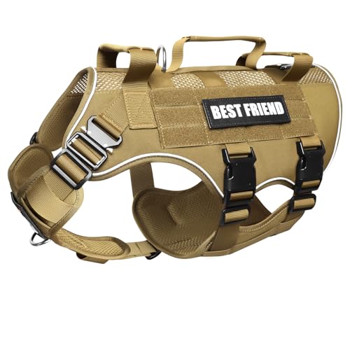 MOOGROU No Pull Tactical Dog Harness for Large Dogs with Metal Buckles Breathable Air Mesh Service Dog Vest Military Molle Harness with 3 Durable Handles for Training Hiking Hunting Working Brown L