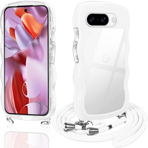 Google Pixel 9a ケース クリア ショルダー グーグル ピクセル9a スマホケース 透明 TPU カバー ストラップ付き 肩掛け 首掛け 紐付き 斜めがけ 創意 個性 可愛い かわいい 韓国 耐衝撃(ホワイト)