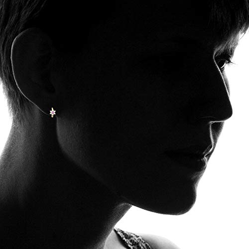 14K Yellow Solid Gold 6.5mm Daisy Flower AAA Cubic Zirconia Huggie Earrings | In Emerald, Pink, Red, Sapphire and Yellow | 6.50x10mm | Solid Gold Huggie Earrings for Women3