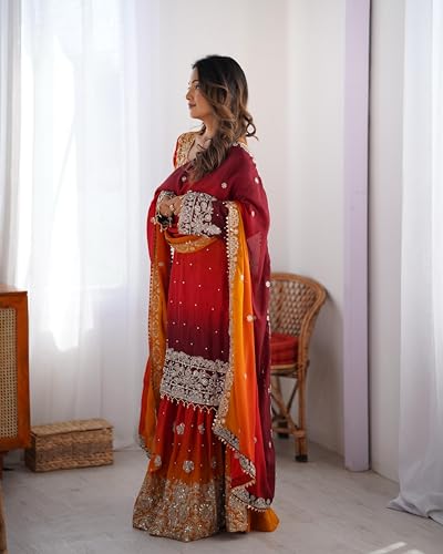 Image of Pandadi Saree Women's Chinon Silk Embroidery Kurta Sharara Set With Dupatta.