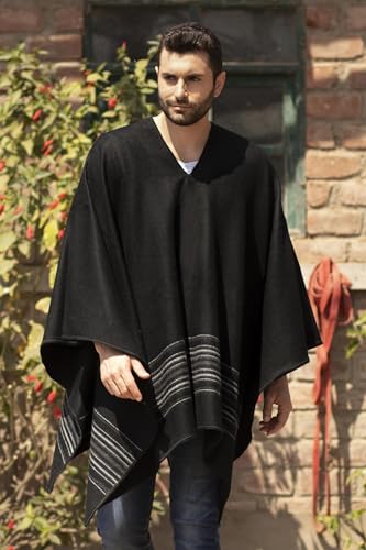 NOVICA Artisan Handmade Men's Alpaca Blend Poncho Artisan Crafted Vneck for Wool Acrylic Clothing Black Striped Peru ' Black Nazca'2
