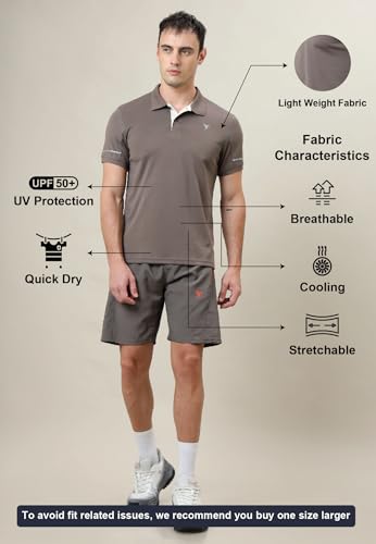 Image of TECHNOSPORT Men's Solid Slim Fit Polo Collar T-Shirt TECHNOCOOL+ Half Sleeve Button Polyester for Gym Running Workout UPF50+ Anti Odour