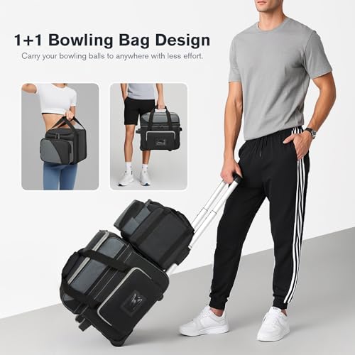 JMIANeodark 2 Ball Bowling Bags with Wheels, Roller Bowling Bag with Separate Shoe Compartment and Retractable Handle, 1 Ball Bowling Roller Bag + 1 Ball Color Matching Add On Tote(Grey)
