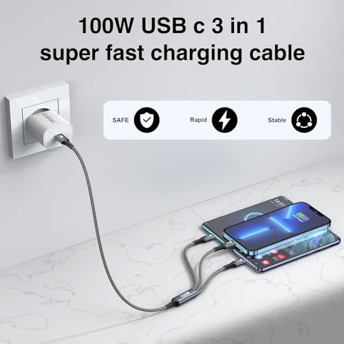 100W Cavo UBS C Ricarica Multiplo [0.5M] Cavo Ricarica Multiplo,USB C a USB C PD [100W]+USB C a Lightning [27W]+USB C a Micro [10W] per Galaxy S23/iPad Pro, iPad Mini, MacBook Pro/Air/iPhone 15 14 13