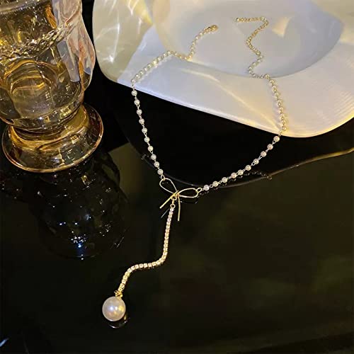 Chain Women Necklace Fashion Simple Bowknot Diamond Set Pearl Pendant Necklace Collar Chain Jewelry For Men Necklace #TOP3