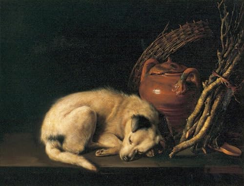 Tableau sur toile chien endormi Gerrit Dou déco chambre 60x90cm