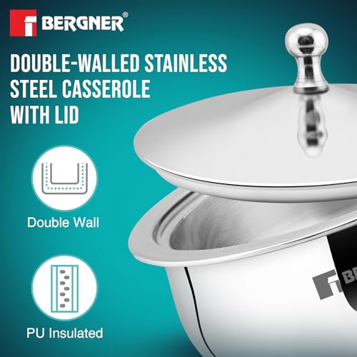 Image of Bergner Vienna Stainless Steel Hot Pot, 19cm /1L Double Walled Serving Casserole with PU Insulated Stainless Steel Lid, Chapati Box, Cast Steel Knob, Food Grade, Keeps Food Hot for Long Hours