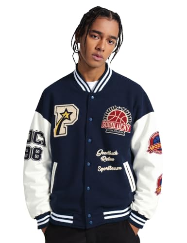 Men's Color Block Leather Letter Graphic Varsity Jackets Letterman Baseball Bomber Jackets Unisex Streetwear Coats