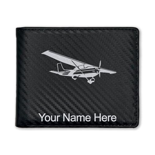 LaserGram Faux Leather Bi-Fold Wallet, High Wing Airplane, Personalized Engraving Included (Carbon Fiber Black with Silver)
