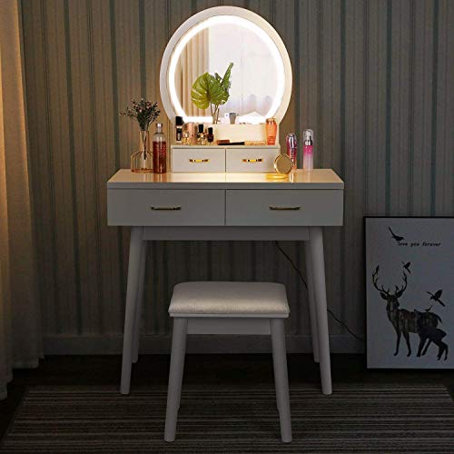 amzdeal Vanity Set with Lighted Mirror, Makeup Vanity Dressing Table with Touch Screen Dimming Mirror, 3 Color Lighting Modes 4 Drawers Dresser Desk and Cushioned Stool Set - White
