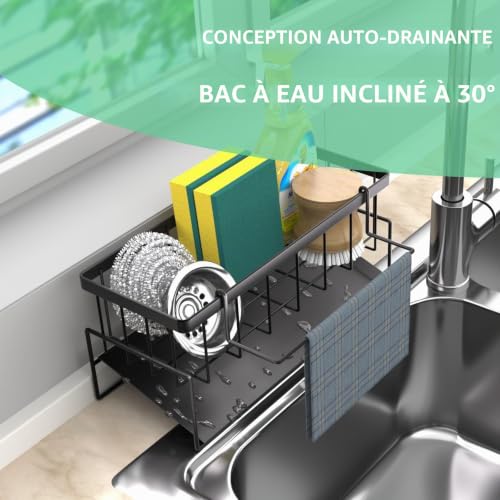 Wenrescry Organiseur d'évier - Porte-éponge de Cuisine avec bac d'écoulement Automatique et Support de Chiffon d'évier - Idéal pour la Cuisine et la Salle de Bain - Organisateur pour brosses, – vue 5